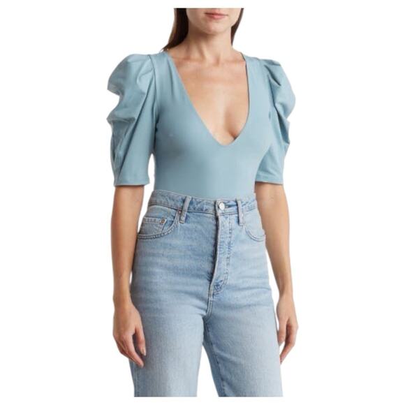 Intimately Free People Bodysuit Womens S Va Va Voop V Neck Short Puff Sleeve Top - Picture 1 of 14